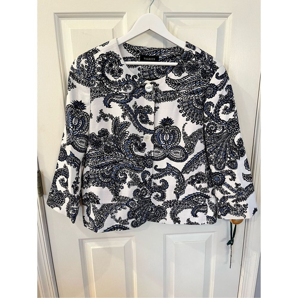 Talbots White & Navy Paisley Blazer sz 16 NWOT